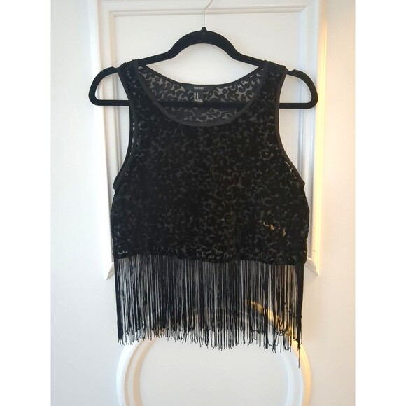 Vintage Forever 21 TOP Med Black Sheer Floral Fringe Whimsey goth Coquette - Picture 1 of 11